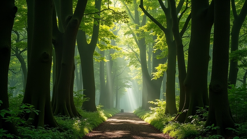 Ancient yew woodland with towering trees and forest paths in Kerry