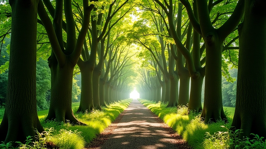 Ancient yew woodland path with dappled sunlight filtering through canopy, peaceful nature scene