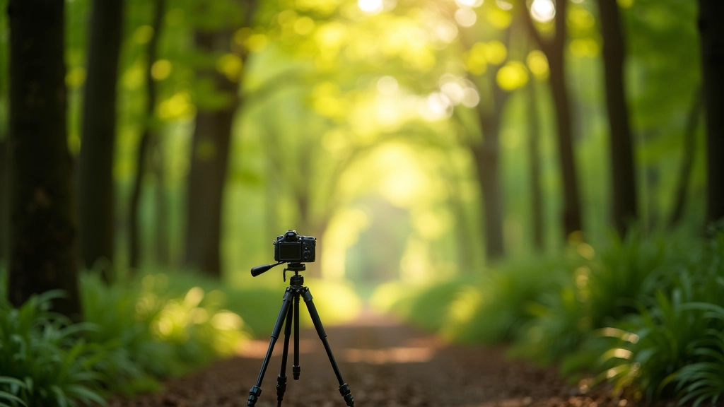 Camera on tripod positioned in woodland setting, capturing dappled forest light through trees