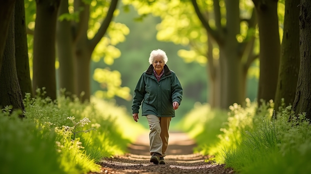 Elderly walker on shaded forest path lined with ancient yew trees, dappled light creating pattern on ground, peaceful woodland atmosphere