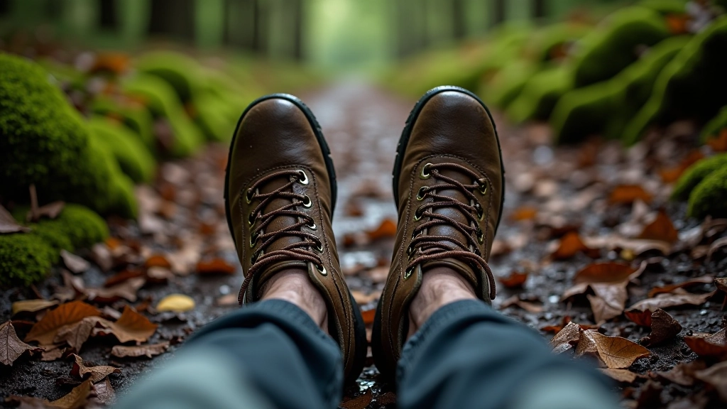 Walker's boots on woodland path with water droplets visible, forest floor in focus, peaceful natural setting