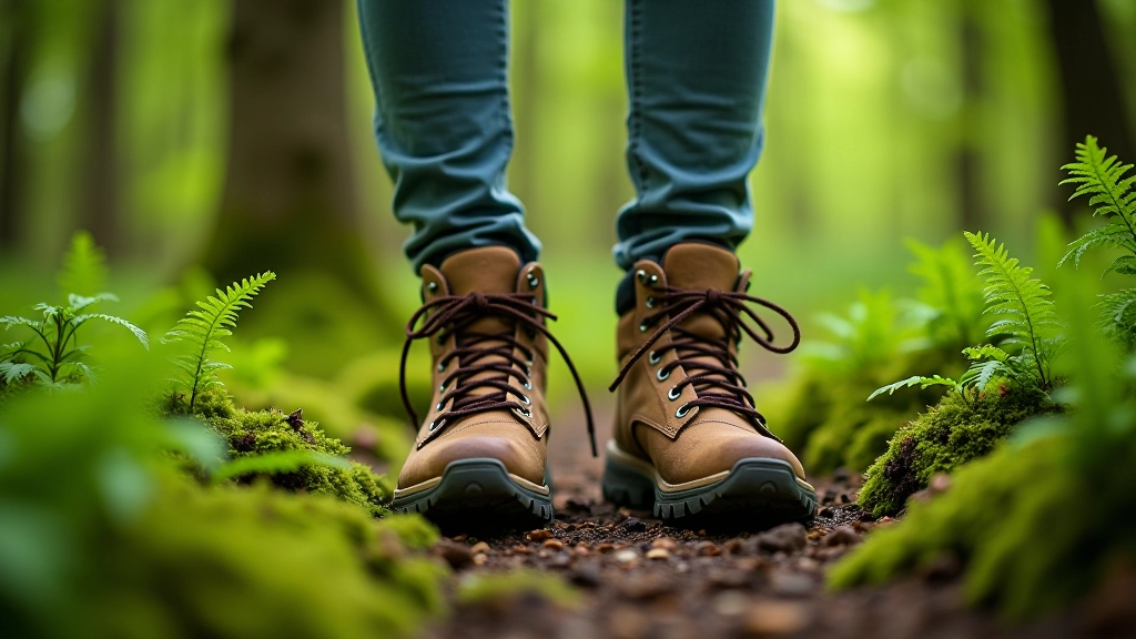Pair of well-worn hiking boots on rocky woodland ground, moss and ferns visible, dappled forest light