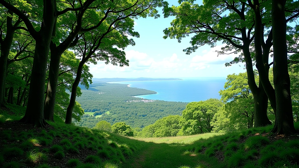 Elevated view of Reenadinna Yew Wood forest canopy from plateau, Muckross Peninsula visible in distance, Kerry landscape under blue sky