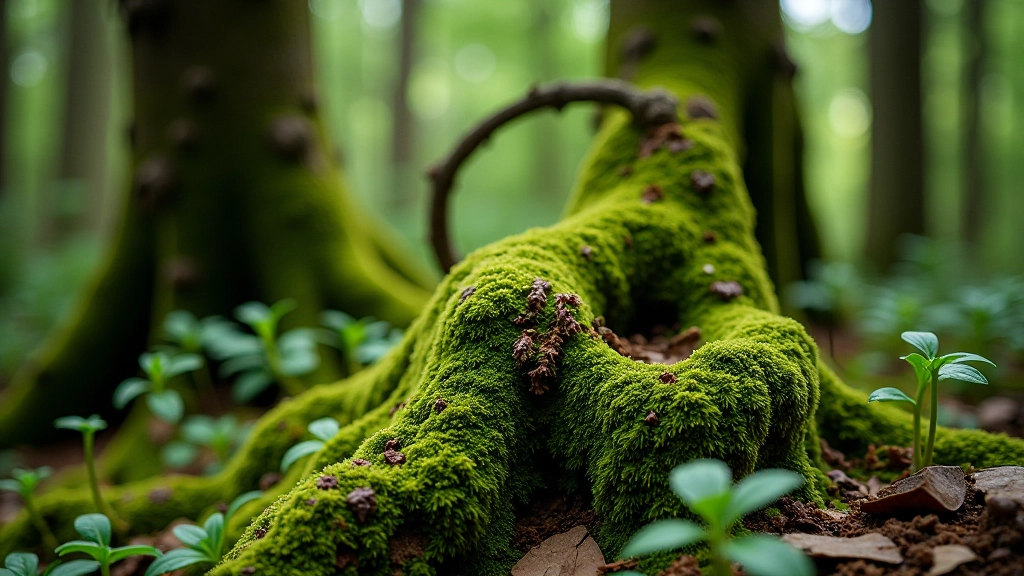 Close detail of ancient tree bark, moss, and forest undergrowth showing biodiversity and natural detail