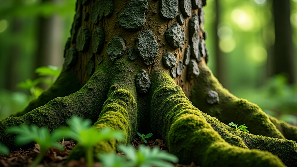 Close-up detail of ancient yew tree bark texture, moss-covered trunk, woodland floor with ferns and forest debris, natural light