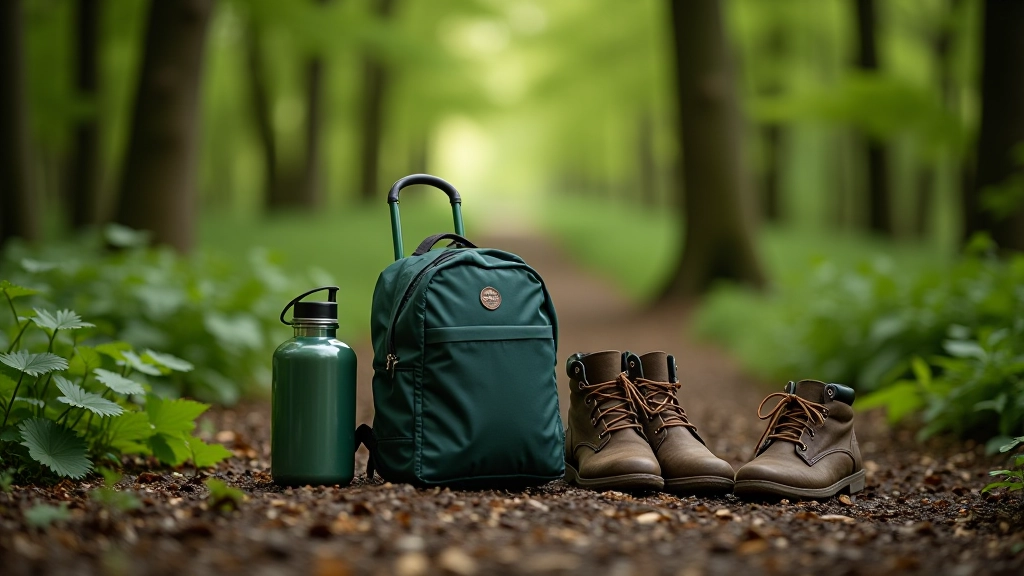 Packing essentials laid out for full day forest walk including water bottle and comfortable shoes