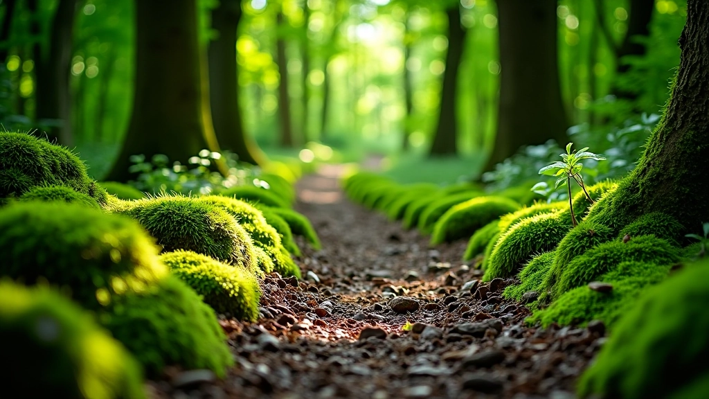 Woodland path with natural terrain variations, moss-covered stones, and dappled shade throughout the trail